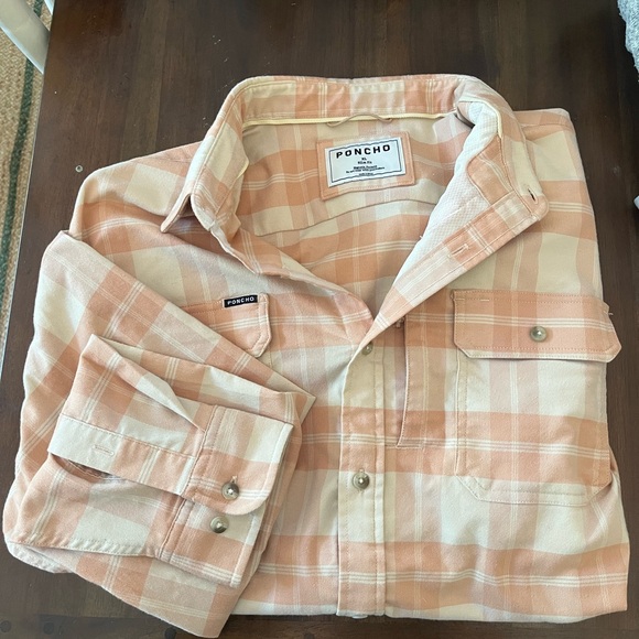 Poncho Men's Casual Button Down Shirt - Peach Plaid - Picture 1 of 1